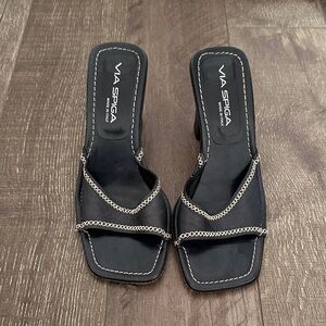 Via Spiga NAVY Slide Sandals with Contrast Stitching
